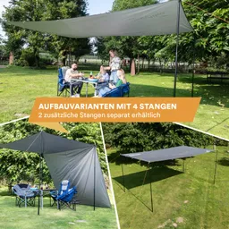 Ein grauses Sonnensegel ist auf einer Rasenfläche aufgespannt. Vier Personen sitzen an einem Tisch unter dem Segel. Zelte und Stühle sind sichtbar.
