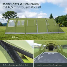 Zelt in Grün mit Vorzelt, auf Grasfläche. Detailansichten zeigen Befestigung mit Klett und wasserdichten Boden.