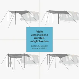 Zelt mit abgedunkeltem Vordach, das auf verschiedenen Wegen aufgestellt werden kann. Zusätzliche Stangen verfügbar.