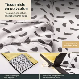 Polyester-Baumwollstoff mit schwarzem Muster auf hellem Hintergrund, Detailansichten eines Schlafsacks mit gelbem Reißverschluss.