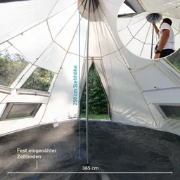 Zeltinnenansicht mit einem zentralen Stützpfeiler, den Zeltboden und Maßangaben zu Höhe und Durchmesser.