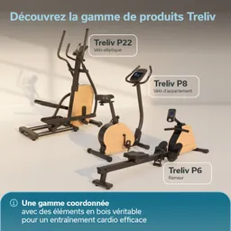 Drei Fitnessgeräte stehen nebeneinander: ein elliptisches Fahrrad, ein Heimtrainer und ein Rudergerät. Holzelemente sind sichtbar.