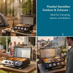Grill auf einem Tisch im Freien mit verschiedenen Lebensmitteln. Im Hintergrund stehen Menschen, Zelte und eine Stadtansicht.