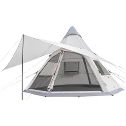 Zelt in Tipi-Form mit grauem Dach und offener Front, angestützt von Stangen, weiße Wände mit Fenstern.