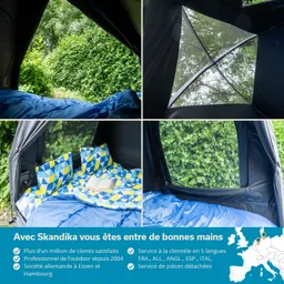 Zelt mit Innenansicht. Oben links: Blick nach draußen auf grüne Büsche. Unten links: Bett mit buntem Schlafsack und Kissen. Oben rechts: Transparentes Dachfenster. Unten rechts: Zeltöffnung mit Sicht ins Freie.