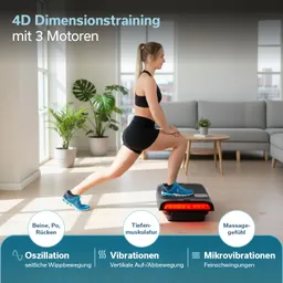 Eine Person macht eine Lunge auf einem Trainingsgerät in einem hellen Raum. Im Hintergrund ist ein Sofa und Pflanzen.