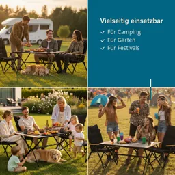Tisch mit Stühlen im Freien, umgeben von Personen und einem Hund. Essen und Getränke sind auf dem Tisch verteilt.