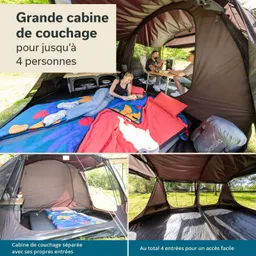 Zelt mit Schlafbereich für bis zu vier Personen, Schlafsäcke, bunte Decken und Tisch im Innenraum. Außenansicht mit vier Eingängen.