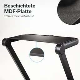 Schwarz beschichtete MDF-Platte mit robuster Oberfläche, montiert auf einem stabilen, pulverbeschichteten Gestell.