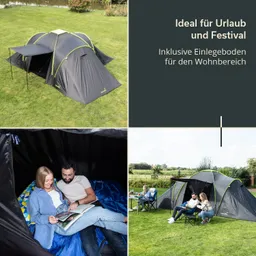 Zelt im Freien auf einer Wiese, zwei Personen sitzen im Zelt und lesen, eine Person sitzt vor dem Zelt. Hintergründe mit Pflanzen.