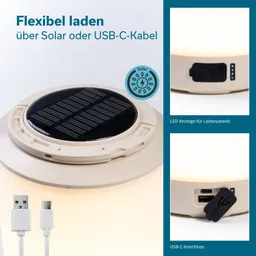 Runder, beleuchteter Lampenoberteil mit Solarpanel, USB-C-Anschluss und Ladezustands-LED-Anzeige. Creamfarbener Körper.