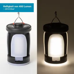 Dimmbare Lampe mit schwarzem Gehäuse und einem transparenten, weißen Lichtbereich, angehängt mit einem Aufhänger.