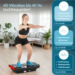 Vibrationsgerät im Innenbereich mit einer Person in Sportkleidung, die auf dem Gerät in einer squatähnlichen Position steht.