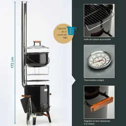 Räucherofen mit Edelstahlrauchrohr, schwarzem Korpus, 14 l Topf, Grillrost, integrierter Temperaturanzeige und Holzgriffen.