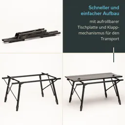 Zusammenklappbarer Tisch mit aufrollbarer Tischplatte, in verschiedenen Aufbaustufen abgebildet. Weiße Hintergrundfläche.