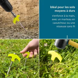 Mehrere Bilder eines Gartenwerkzeugs mit gelbem Griff und Schraube, das in verschiedene Böden eingeordnet ist.