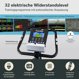 Trainingsgerät mit LCD-Display, 32 Widerstandsstufen und Tablet-Halterung. Enthält Informationen zu Fitnessprogrammen.