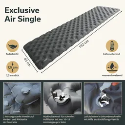 Luftmatratze "Exclusive Air Single" in dunkelgrau, 192 cm lang und 63 cm breit. Dicke 7,5 cm, mit zwei Ventilen zur einfachen Nutzung.
