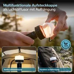 Multifunktionale Aufsteckkappe auf einer Taschenlampe, die als Lichtdiffusor dient. Im Hintergrund gibt es eine natürliche Landschaft.