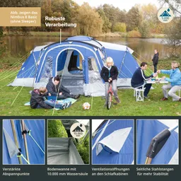 Geräumiges blaues Zelt am Ufer eines Gewässers, umgeben von Menschen, die spielen und entspannen.
