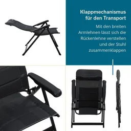 Klappstuhl in Schwarz mit verstellbarer Rückenlehne und breiten Armlehnen. Seitenansicht und Rückenansicht sind sichtbar.