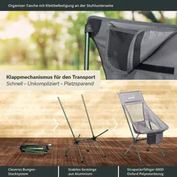 Leichte Campingstuhl mit klappbarem Gestänge, Organizer-Tasche und stabiler Aluminiumkonstruktion auf Holzuntergrund.