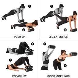Verschiedene Fitnessübungen mit einer Rolle: Push-Up, Beinhebung, Beckenlift, Good Mornings. Jede Übung zeigt zwei Schritte.