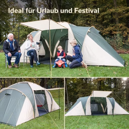 Zelt in einem Waldgebiet, umgeben von grünem Gras. Eine Person sitzt auf einem Stuhl, während zwei weitere Personen und ein Kind spielen. Im Hintergrund sind die Zelte in verschiedenen Ansichten zu sehen.