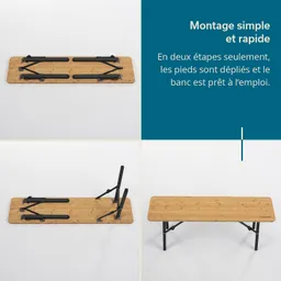 Klappbank aus Holz mit ausgesklappten Füßen dreigeteilte Darstellung des Aufbaus in zwei Schritten.