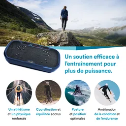 Ein Fitnessgerät in Blau ist abgebildet. Im Hintergrund steht eine Person auf einem Felsen in einer bergigen Landschaft. Darunter sind drei kleine Bilder mit diversen sportlichen Aktivitäten.