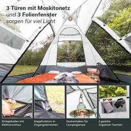 Zeltinnenseite mit drei Türen, Folienfenstern und orangefarbenem Boden, der mit Decke und Kissen ausgestattet ist. Zubehör sichtbar.