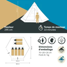 Zelt in hexagonalem Design mit Höhe von 295 cm, Platz für sechs Personen. Montagezeit 10 Minuten. Maße und Gewicht angeführt.