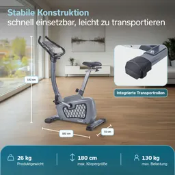 Ein Fitnessgerät, wahrscheinlich ein Liege-Ergometer, steht in einem Raum mit Holzfußboden. Maße und technische Details sind angegeben.