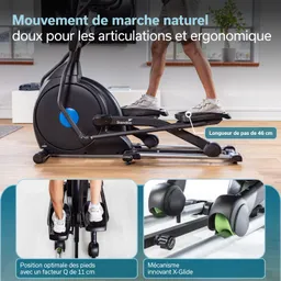 Ellipsentrainer mit runden Fußbewegungen, sichtbar ist ein Benutzer mit Sportschuhen in einem hellen Raum.