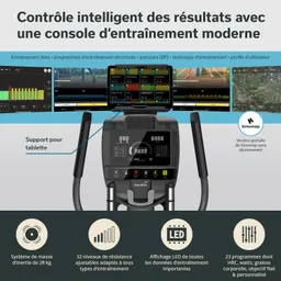 Fitnessgerät mit Konsole, Displays und Tablet-Halterung. Informationen zu Trainingsprogrammen und Widerstandseinstellungen.