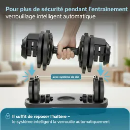 Verstellbare Hantel in einer Hand, abgelegt auf einer Basis. Beschriftungen erklären den automatischen Verriegelungsmechanismus.