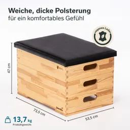 Holztruhe mit schwarzem, gepolstertem Deckel. Maße: 73,5 cm x 53,5 cm x 47 cm. Produktgewicht: 13,7 kg.