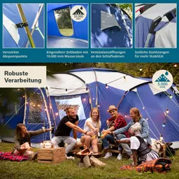 Gruppe von fünf Personen am Lagerfeuer vor einem großen blauen Zelt, umgeben von Lichtern. Holzpalette und Decken sind sichtbar.