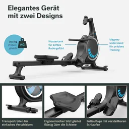 Rudergerät mit Wasser- und Magnetwiderstand. Enthält ergonomischen Sitz und verstellbare Fußauflagen. Transportrollen vorhanden.