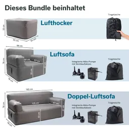Bundle mit einem Luftsessel, einem Luftsofa und einem Doppel-Luftsofa. Maße, Tragetaschen und integrierte Akku-Pumpe sind angegeben.