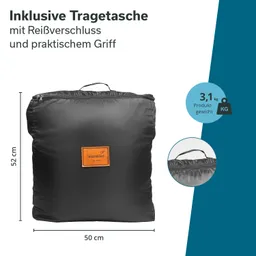 Schwarze Tragetasche mit Reißverschluss und einem Griff. Maße: 52 cm hoch, 50 cm breit. Gewicht: 3,1 kg.
