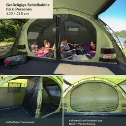 Eine große Schlafkabine für sechs Personen, mit zwei Personen auf Matten und einem Tisch im Inneren, umgeben von Zeltwänden.