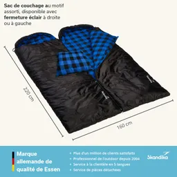 Schlafsack in Schwarz mit blauer Karomuster-Innenseite. Maße: 220 cm x 160 cm. Reißverschluss auf beiden Seiten.