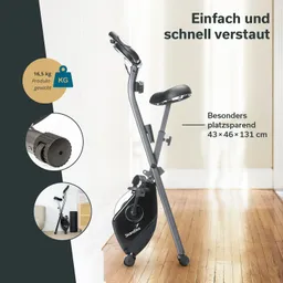 Fitnessgerät mit schwarzem Rahmen und verstellbarem Sitz, steht auf einem Holzboden. Maße und Gewicht sind angegeben.