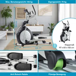 Ellipsentrainer in einem modernen Raum, Maßangaben und Details zu Eigenschaften wie Anti-Rutsch-Pedalen und klappbarem Design.