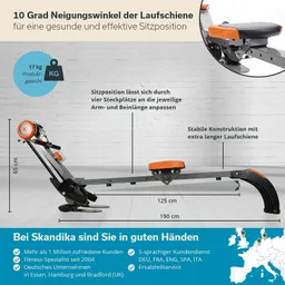 Fitnessgerät mit verstellbarem Sitz, orangefarbener Polsterung und stabiler Konstruktion. Maße und Neigungswinkel angegeben.