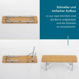 Faltbare Sitzbank aus Holz mit Metallbeinen, in drei Schritten aufgebaut. Technische Anleitung auf der rechten Seite.