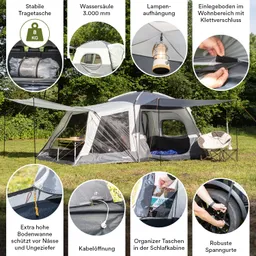 Zelt mit Vorbau auf Wiesengrund, umgeben von Bäumen. Inneneinrichtung mit Lampen, Taschen und Stabilisierungselementen.