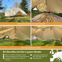 Rundes, geoltes Zelt auf grünem Rasen, Seitenwände teilweise hochgerollt. Innenansicht eines Zeltbodens mit Stangen.