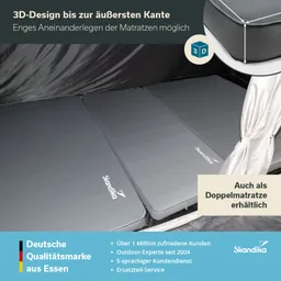 Drei graue Matratzen liegen nebeneinander in einem Zeltinneren, mit einem Überzug und einem Logo von Skandika sichtbar.